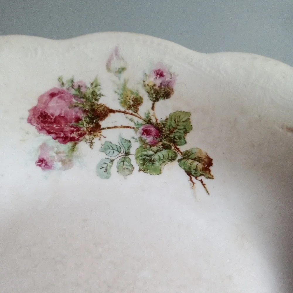 Antique Vodrey China Oval Bowl Pink Rose Floral Scalloped Edge Victorian Decor